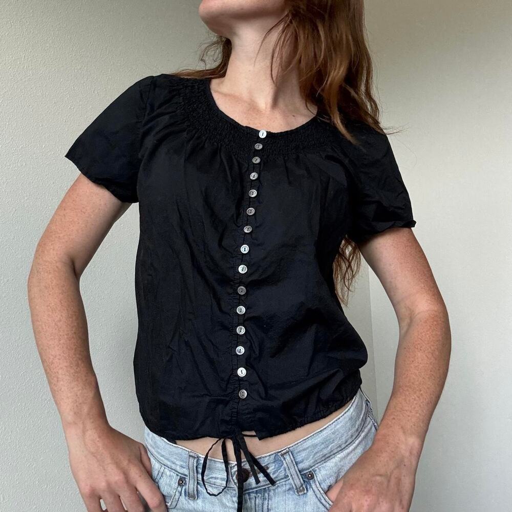 Charter club lightweight black cotton button front top